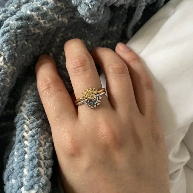 Summer Celestial Blue Sparkling Moon Sun Ring For Women Cocktail Stackable Finger Band Fashion Silver 925 Fine Jewellry Crystal Summer Celestial Blue Sparkling Moon Sun Ring For Women Cocktail Stackable Finger Band Fashion Silver 925 Fine Jewellry Crystal